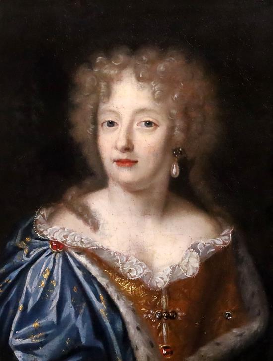 Circle of Pierre Mignard (1612-1695) Head and shoulder portrait of Anne dAutrich, Queen of France 14 x 11in.